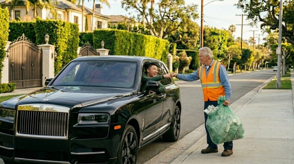 A street cleaner in an orange vest standing at the window of a black Rolls Royce Cullinan on a wide Bel Air street, extending a green bag through the window with both hands, both men mid-laugh, one inside the car and one outside, fists bumping through the open window.