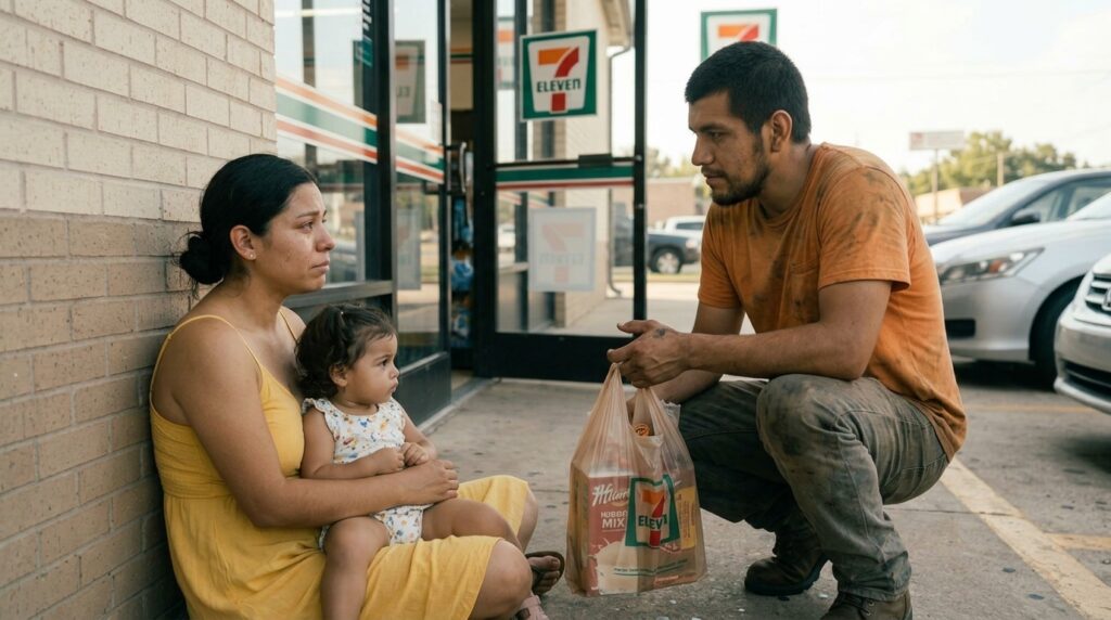 A homeless man with dreadlocks in a worn orange t-shirt crouching down on a sidewalk outside a convenience store, holding out a grocery bag to a young Hispanic mother sitting on the ground with her toddler in her lap, tears streaming down her face as she reaches up to take his hand.