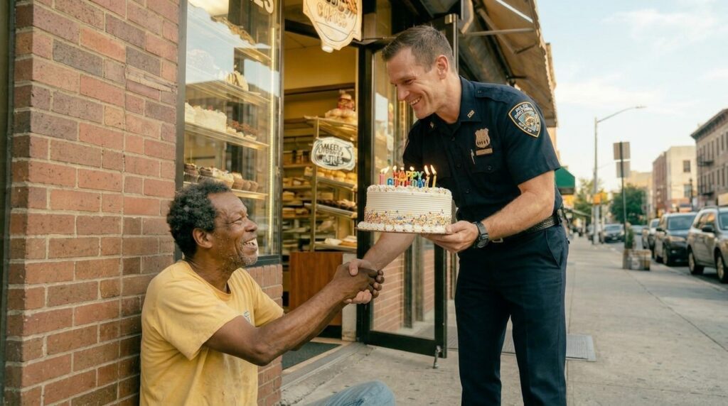A smiling police officer in full uniform crouching down on a city sidewalk outside a bakery, holding a lit birthday cake out toward an elderly Black man in a worn yellow t-shirt sitting on cardboard, the man's face breaking into a wide overwhelmed smile.