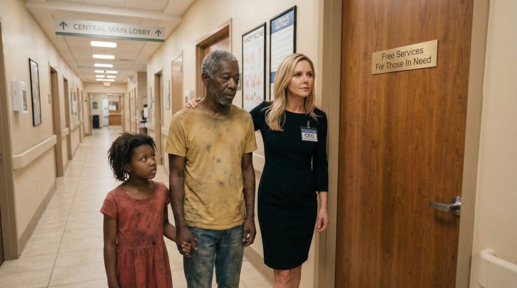 A blonde woman in a black dress with a CEO badge walking beside an elderly Black man in a stained yellow t-shirt and a young Black girl in a faded red dress down a hospital corridor toward a door labeled Free Services For Those In Need, her hand resting gently on his shoulder.