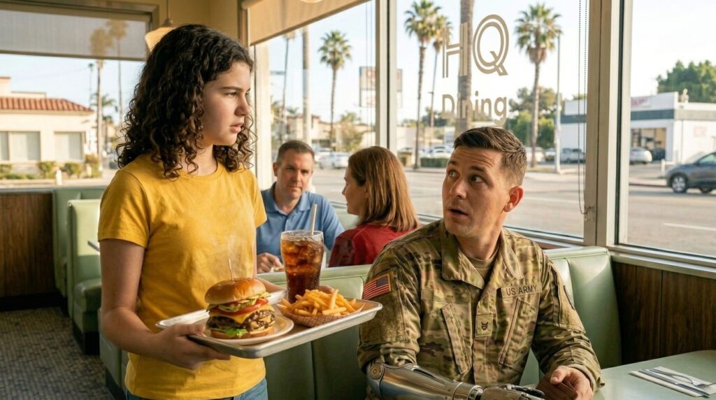A teenage girl with long curly dark hair in a bright yellow t-shirt carrying a food tray toward a US Army soldier in camouflage uniform with a metallic prosthetic left arm sitting alone in a retro diner booth, the soldier looking up at her with quiet, stunned gratitude.