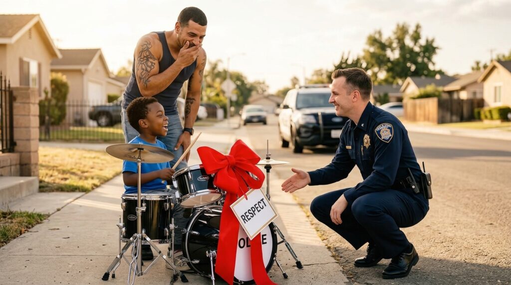 A police officer in full navy uniform crouching down on a suburban sidewalk to shake hands with a young Black boy in a blue t-shirt sitting behind a brand new drum kit wrapped with a red ribbon, the boy's tattooed father standing behind them smiling with his hand over his mouth, golden hour light across the street.