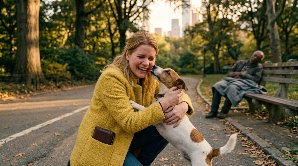 A blonde woman in a bright yellow coat kneeling on a Central Park path, arms wrapped around a small Jack Russell terrier who is licking her face, a brown leather wallet visible in her hand, warm golden afternoon light filtering through the trees behind them.