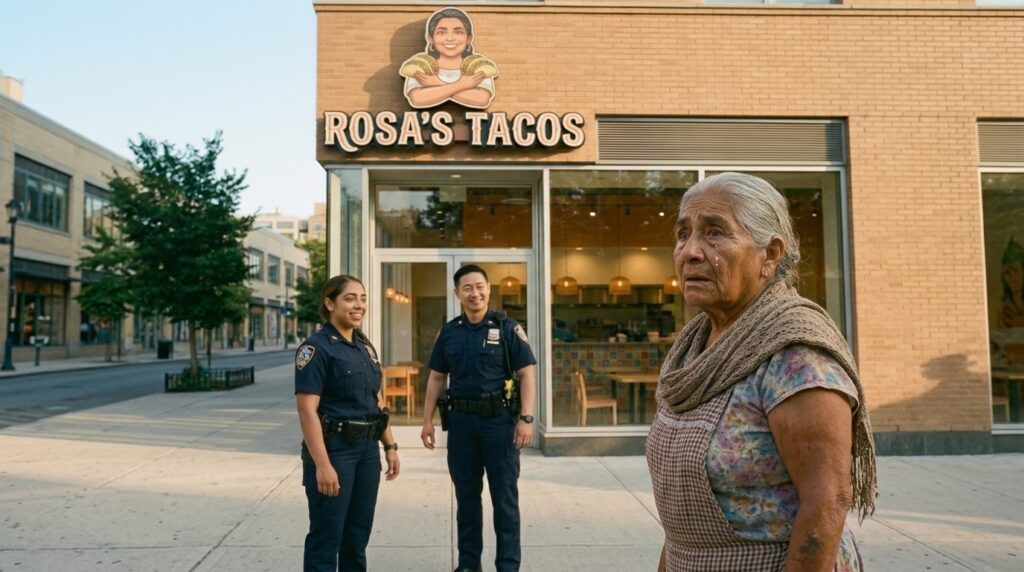 An elderly Mexican woman in a worn faded colorful traditional dress standing in front of a bright new restaurant sign reading Rosa's Tacos, hand pressed to her mouth in pure shock, a Hispanic female NYPD officer and Asian male NYPD officer smiling behind her on both sides.