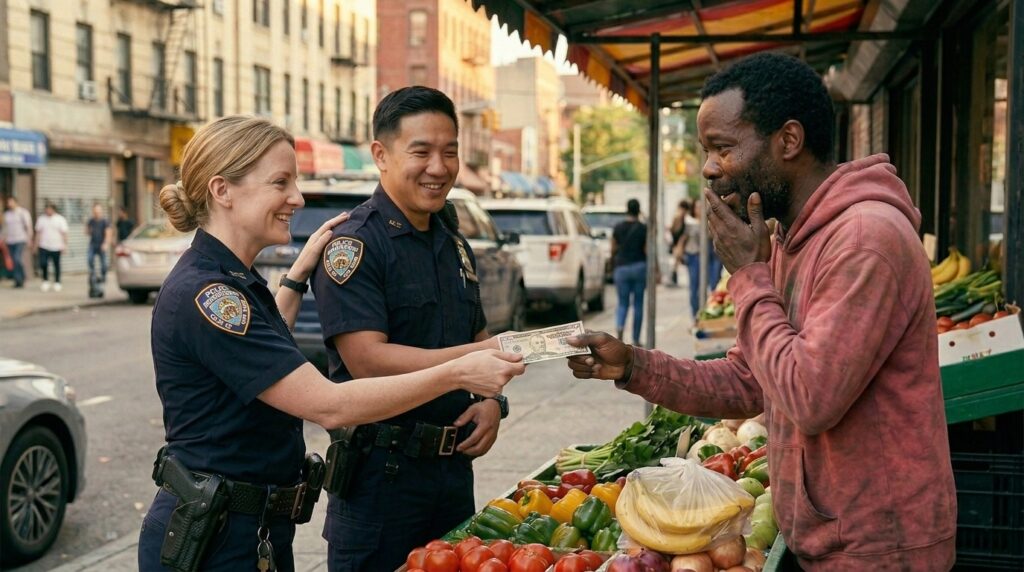 A young Black man in a faded pink hoodie standing behind a fresh produce market stall piled with vegetables and bananas, tears on his face and a fifty dollar bill in his hand, an Asian male police officer reaching across the counter smiling warmly, a blonde female officer beside him.