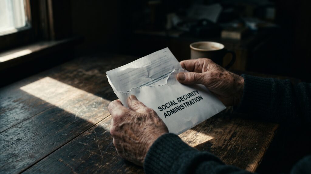 An elderly man sitting alone at a kitchen table, a single unopened envelope in front of him, soft morning light coming through a window.
