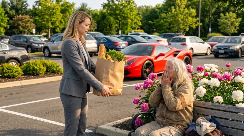 A blonde woman in a fitted grey suit extending a large full paper grocery bag toward an elderly woman in worn clothes seated on a wooden bench surrounded by pink and white flowering bushes, the elderly woman reaching up with both hands in tearful shock, a red Ferrari visible in the background of the sunny parking lot.